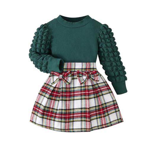 Noubeau Toddler Girls Plaid Outfits Girls Puff Sleeve Knit Ribbed Shirt Tops Plaid Skirt Set Kids Fall Winter Clothes(Green 2-3 Years)