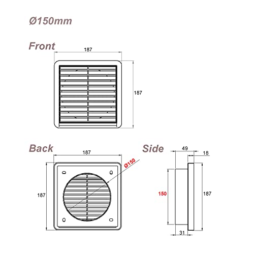 GEFONG Plastic Louvred Wall Grille 6 inch 150mm with Anti-Insect Mesh for Ceiling Extractor Fan Bathroom Air Vent Cover for Tumble Dryer Ventilation Cooker Hood Ducting White 1 Pcs - Image 2