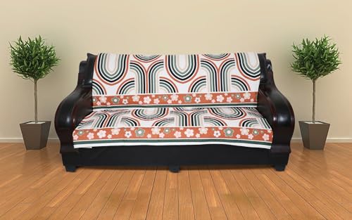Image of 7 Seater Sofa Cover | Universal Non-Slip Fully Covered Protector for 3+2+2 Sofa Set | Durable Slipcover for Living Room Retro Waves (Cream and Orange Curves)