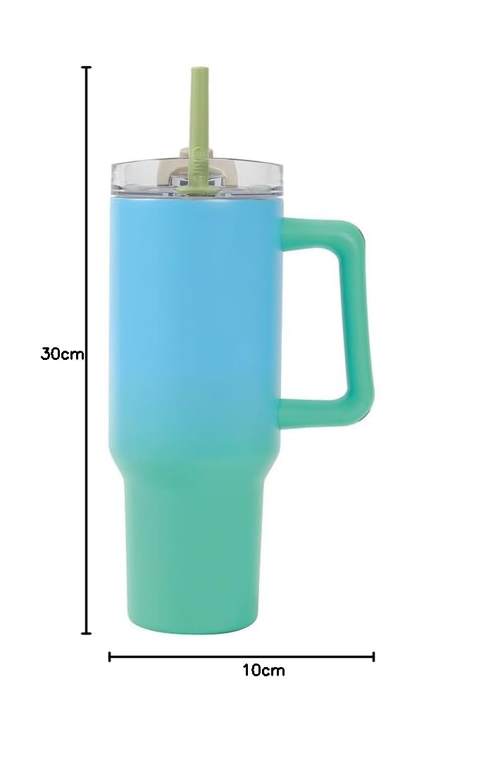 IDRINK - Tumbler Thermosflasche für unterwegs, 1,2 l mit Griff und Strohhalm (grün/hellblau)