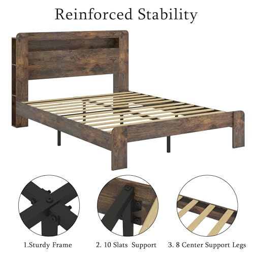 Image of Bellemave Rustic Vintage Queen Size Bed Frame with Bookshelves,Storage Headboard and Charging Station,Wooden Platform Bed Frame Queen Size with LED Lights and Wood Slats,Easy Assembly,Dark Brown
