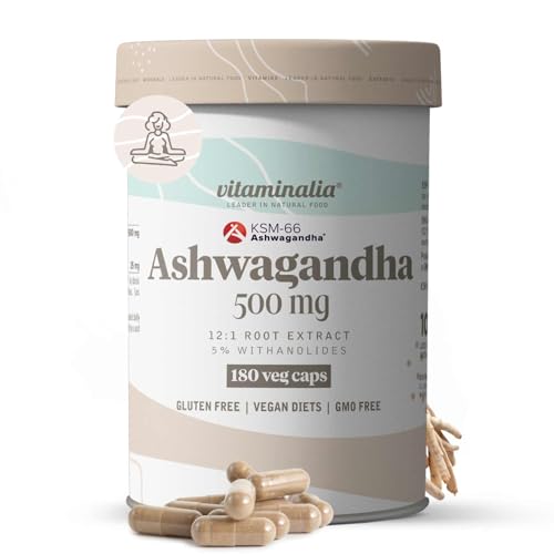 Vitaminalia Ashwagandha KSM-66® 500mg (5% Withanólidos) | 180 Cápsulas Vegetales | Extracto 100% Raíz Withania somnifera 12 Veces Más Concentrado | No-GMO, Vegano, Sin Gluten