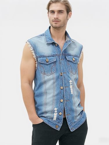 Image of LONGBIDA Men's Denim Vest Casual Slim Fit Sleeveless Jacket Vintage Ripped Summer Jean Vests, Light Blue, XXL