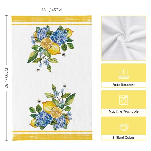 Image of Summer Hydrangeas Lemons Kitchen Towels, Hello Sunshine Dish Towels Set of 2, Blue Amalfi Coas Farmhouse 18 x 26 Inch Hand Towel Quick Drying Dishcloth Decor for Kitchen Bathroom Home