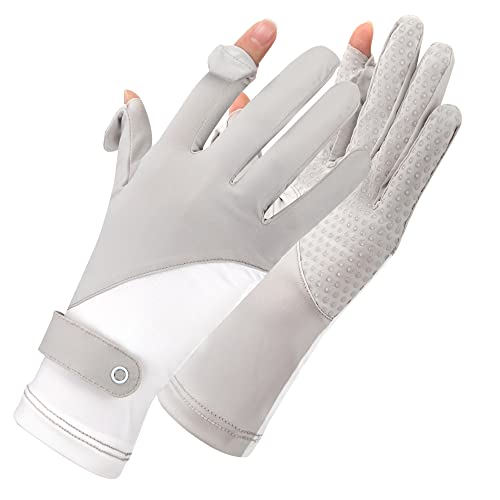 Newellsail Damen UV Sonnenschutz Handschuhe Vollfinger Touchscreen rutschfeste Fahrradhandschuhe Sommer Dünne Sonnenhandschuhe für Outdoor Fahren Golf Angeln 1 Paar (Grau Weiß)