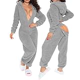 Daukoa Sexy Onesies For Women Pink Soft Butt Flap Adults Pajamas Deep V Neck Fleece Winter Sleepwear