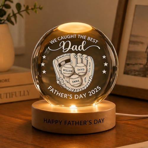 Image of Personalized Baseball Dad Night Light, Custom Sports Dad Gift, We Caught The Best Daddy Crystal Ball Lamp, Fathers Day Gift from Kids, Custom Fathers Day Gift