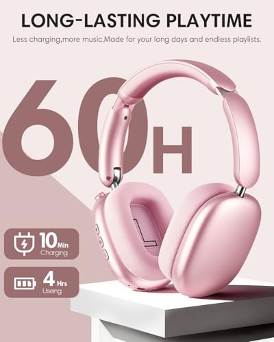 Image of Wentronic Y02 Active Noise Cancelling Headphones, Wireless Over-Ear Bluetooth 5.4 Headphones with Microphone, 60H Playtime, Hi-Res Audio, Big Bass, Foldable Lightweight for Travel Home Office, Pink