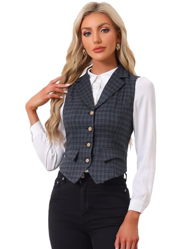 Allegra K Women's Plaid Waistcoat Notched Lapel Collar Single Breasted Vintage Vest