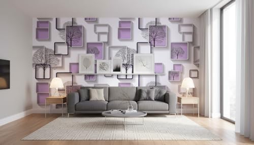 Image of Purple 3D Frames & Trees Self-Adhesive Wallpaper Roll 45x300cm | Decorative Wall Sticker for Home Interiors | Modern Peppy Purple Cube Pattern Vinyl Decor Sheet