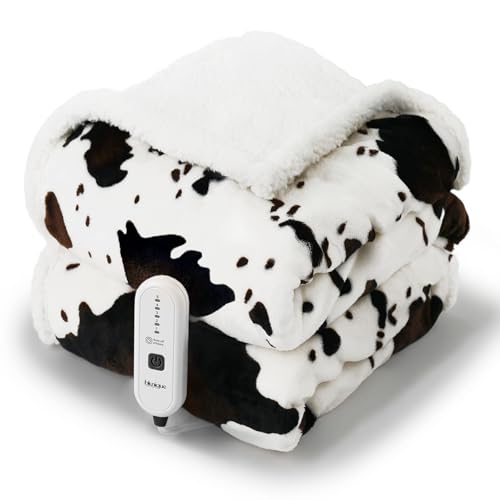 Cow Print Heated Throw Blanket Electric Blanket-Heating Blanket Throw with 5 Heat Levels & 4 Hours Auto-Off, Cozy Soft Fleece Sherpa, Washable, 50 x 60 Inches Cow Print White
