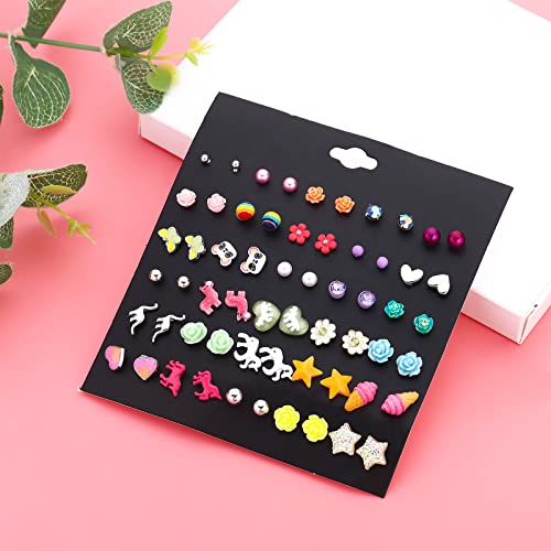 Image of NEWITIN 100 Pairs Colorful Cute Earrings for Girls Sensitive Ears Hypoallergenic Girl Stud Earrings Set Stainless Steel Cartoon Stud for Girls and Women