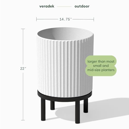 Image of Veradek Demi Series Round Planter w / Stand for Porch /Patio | Durable Plastic-Concrete & Wooden Stand | Modern Decor for Tall Plants, Flowers