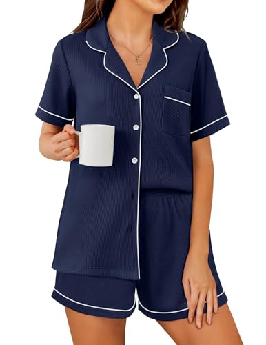 Image of Ekouaer Womens Waffle Knit Pajama Sets Soft Short Sleeve Button Down Sleepwear Cozy 2 Piece Pjs Shorts Set