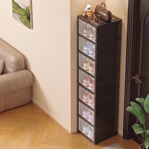 Image of House of Quirk 6-Layer Foldable & Stackable Shoe Cabinet - Transparent Plastic Shoe Boxes with Magnetic Front Door, No Installation Needed, Space-Saving Shoe Organizer (Black)