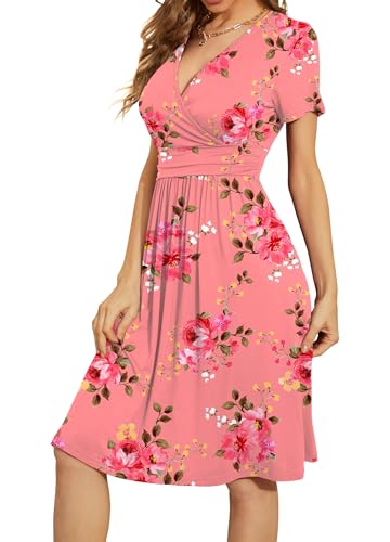 Image of WEACZZY Women's Summer Short Sleeve Casual Dresses V-Neck Floral Party Dress with Pockets