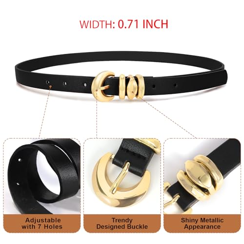 XZQTIVE 2 Pack 0.71'' Womens Skinny Leather Belts for Ladies Thin Waist Belt for Jeans Dress Pants with Fashion Gold Buckle2