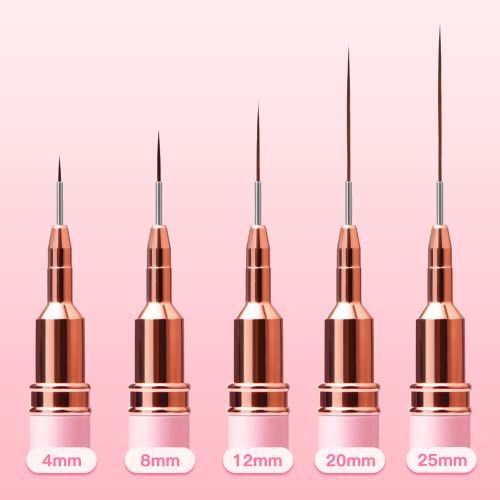 Metallic Nail Art Brushes, 5Pcs Liner Brush Set, UV Gel Polish Painting Art Design Pen for Long Lines, Thin Details, Fine Drawing Sizes 4/8/12/20/25mm(Pink) - Image 5