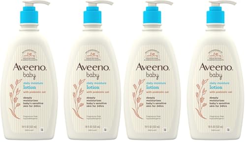 Image of Aveeno Baby Daily Moisture Body Lotion for Sensitive Skin, Hypoallergenic Moisturizing Baby Lotion with Nourishing Oat to Deeply Moisturize Baby's Skin, Fragrance-Free, 18 fl. oz, (Pack of 4)