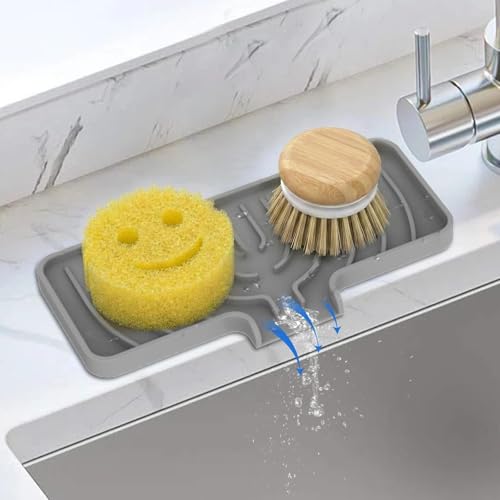 Silicone Sponge Holder for Kitchen Sink With Drain Spout, Self Draining, Kitchen Soap Tray, Bathroom Organizer, Sink Caddy, Perfect for Dispenser, Scrubber, Bottle, Cup on Counter (Gray, 10×4)