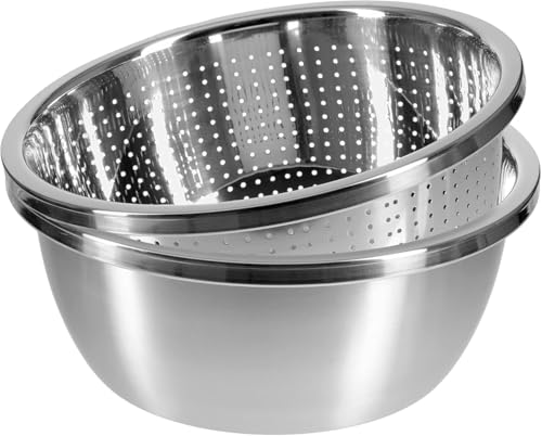 Seiher und Schüssel Set, Sieb mit Schüssel, Gemüsesieb, Edelstahl Sieb Set 22 cm mit Schüssel, Küchensieb zum Waschen von Nudeln, Obst, Gemüse - Spülmaschinengeeignet (2 teilig)