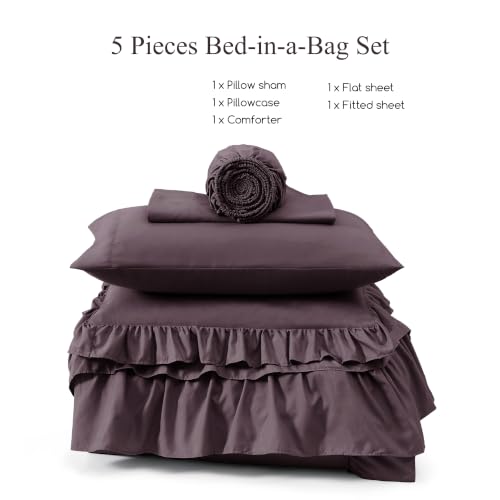 Image of Twin XL Comforter Set Dark Purple Ruffle 5 Pieces Bed in a Bag for Dorm | Farmhouse Shabby Chic Fluffy Bedding Sets with Sheets, Pillowcase & Sham