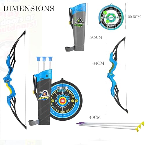 Image of Planet of Toys Kids Bow & Arrow Toy, Boys and Girls Basic Archery Set Outdoor Hunting Game with 3 Suction Cup Arrows, Target & Quiver (Blue