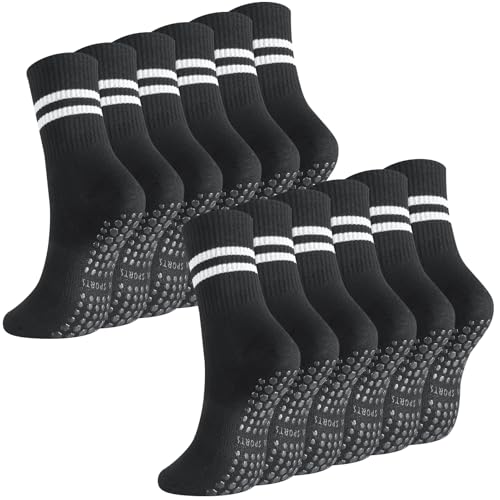 Jspupifip 6 Pairs Grip Pilates Socks Women, Non Slip Yoga Stripe Grippy Crew Breathable Cotton Socks for Ballet Dance, Black