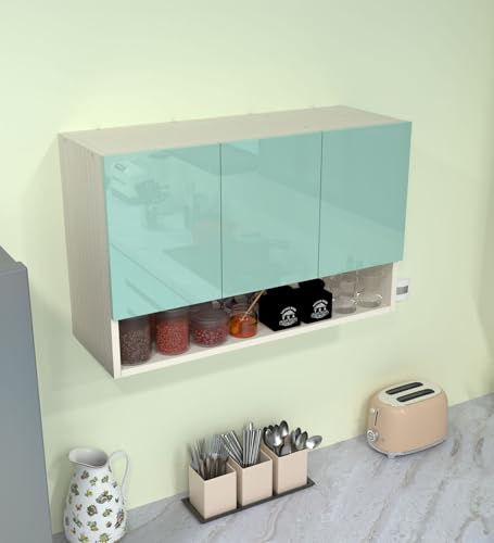 Image of SPECIALITY PANELS 3 Door Wall Cabinet with UV Profile Shutter | Wall Mounted Storage Cabinet for Kitchen Bathroom Living Room | Wooden Wall Cabinet Organizer UV Mint Finish | DIY Assembly