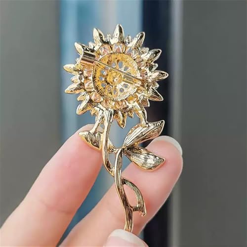Image of Elegant Sunflower Rhinestone Flower Brooch for Women Gold-Toned Crystal Leaf Daisy Blossom Brooches Lapel Pins Dainty Dress Accessories Wedding Valentine Jewelry