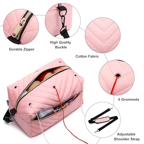 Image of Crochet Bag Organizer, Yarn Storage Organizer with Shoulder Strap, Stylish Knitting Bag for Crochet Accessories, Mothers Day Gifts, Crochet Yarn Supplies, Pink