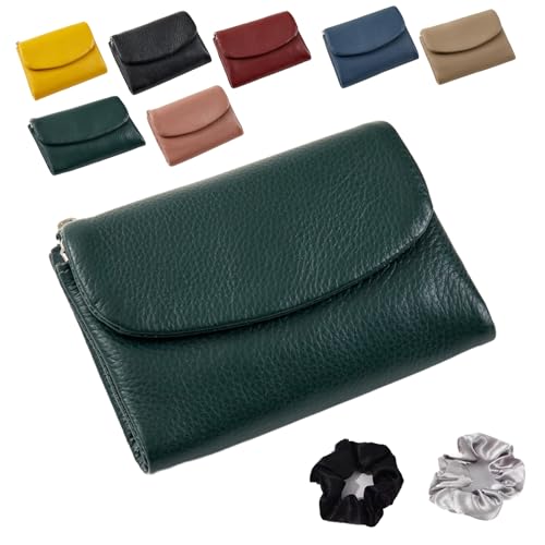 Precious Wallet for Women, Unisex Pebble Leather Wallet, Short Genuine Leather Coin Purse with RFID Zipper(Dark Green)