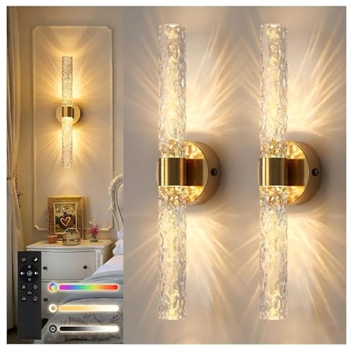 Image of DORESshop Battery Operated Wall Sconces Set of 2, 10000mAh Rechargeable Wall Sconce with Stone Pattern Acrylic, Dimmable Wireless Wall Sconce, Sconce Wall Decor for Living Room, Bedroom, Gold 21.4in