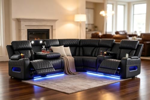 Image of Breathable Leather Power Recliner Sectional Sofa, Bass Speakers, Cup Holder & Storage Console for Living Room Home Theater