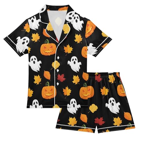 Satin Pajama Sets Short Sleeve Halloween Ghosts Pumpkins Leaves Black Button Down Silky Nightwear 2 Piece PJS 5-14Y