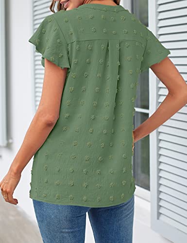Merokeety Women Casual V Neck Flutter Short Sleeve Blouse Swiss Dot Loose Tunic Shirt Top Green Medium #TOP3