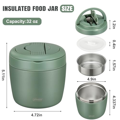 wiwens Thermo Food Jar for Hot Food Adults 32OZ Soup Thermo Lunch Containers Wide Mouth Vacuum Insulated Stainless Steel Leakproof Bento Box with Spoon (Green) - Thumbnail 5