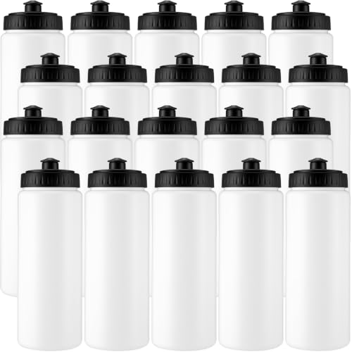 LemonRoad 20 Pack Squeeze Water Bottles Reusable 20 oz Plastic Sports Water Bottle with Pull Top Lid, Bike Cycling Gym Sport, Dishwasher Safe (White,Black)