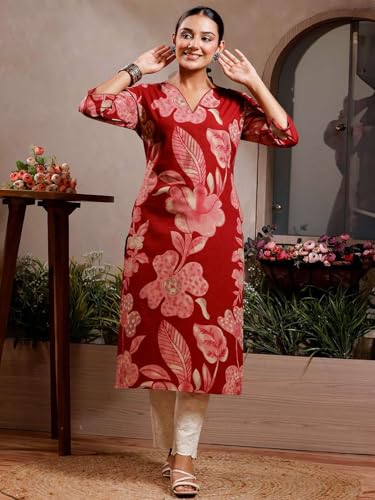 Image of Rimeline Women's Cotton Floral Printed Kurta with Notch Neck Detail | Straight Fit Ethnic Wear for Office, Casual & Everyday Styling