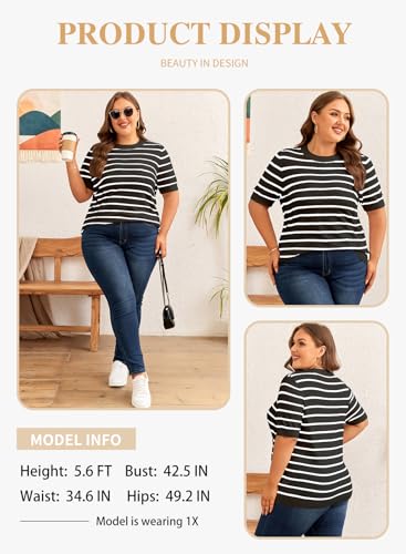 Image of Eytino Women Plus Size Sweater Tops Short Sleeve Crewneck Striped Tshirts Casual Summer Blouses Shirts(1X-5X)