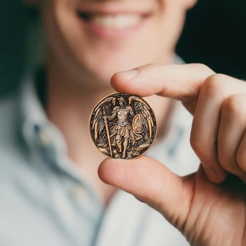 Image of Saint Michael Archangel Protection Coin - 1.57-Inch Double-Sided Zinc Alloy Collectible with Antique Finish, Featuring Saint Michael Prayer Christian Challenge Coin