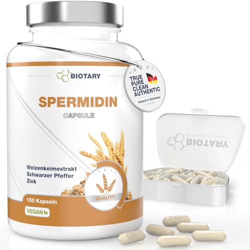 BIOTARY Spermidin 150 Kapseln 6 mg pro Tagesportion aus hochdosiertem Weizenkeimextrakt inklusive Pillenbox 5 Monate Vorrat 100% vegan reine Rezeptur geprüfte Qualität