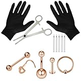 Saluaqui Edelstahl-Piercing-Werkzeug-Kit mit Öffnungszange und Nadeln für Lippen, Nase, Ohr, Nabel-Nicht Störende, Nicht Verblüffende Körperschmuckset (Roségold)