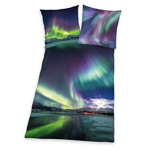 Herding Young Collection Bettwäsche-Set, Polarlichter-Wendemotiv, Kopfkissenbezug 80 x 80 cm, Bettbezug 135 x 200 cm, Mit leichtläufigem Reißverschluss, Baumwolle/Renforcé
