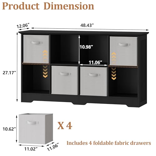 Image of 8 Cube Storage Organizer Shelf, Wood Cubby Storage with 4 Fabric Drawers, 2 Tier Wooden Bookshelf with 2 Adjustable Shelves & Fluted Side Panels for Bedroom, Living Room, Home Office, Black