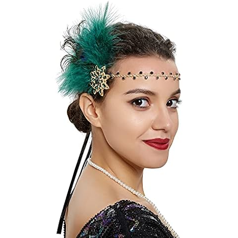Vintage Flapper Girl Peacock Feather Headband Gatsby Bridal Wedding Headpiece for Women Showgirl Theme Cocktail Party (GREEN) Cover