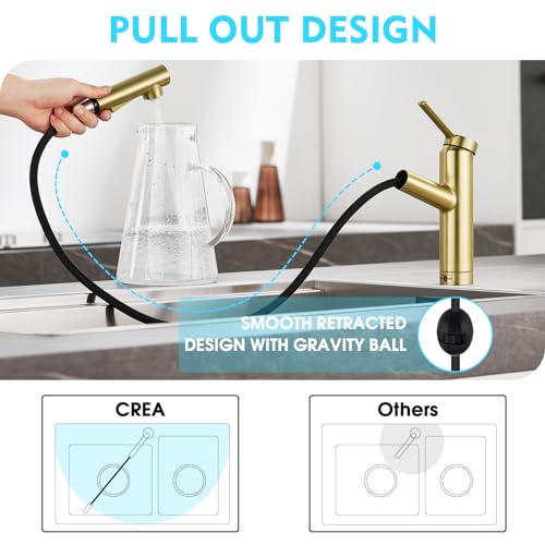 CREA Wasserhahn Küche, Küchenarmatur mit Ausziehbarer Brause, Spültischarmatur Küche mit 2 Strahlarten, 120° Drehbar Mischbatterie Küche, Gebürstetes Gold