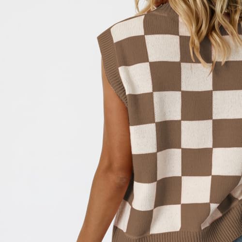 Women Checkerboard Vest Sweater Knitted Sleeveless Pullover Retro Casual Loose Fit Knitwear Stylish Layering Outfit Trendy Fashion Vest Top for Everyday Office Streetwear Camel-L3