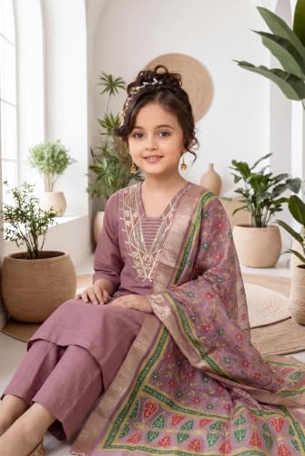 Image of Girls Cotton Blend Embroidered Kurta Pant with Printed Banarasi Style Dupatta Set | Festive Ethnic Wear for Kids | Traditional Suit Set for Girls (4-14Years)