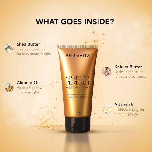 Image of BELLAVITA Party Perfect Body Shimmer Lotion | Instant 3D Glow | Party-Ready Sheen | Butter-Rich Deep Hydration | Lightweight & Non-Sticky | 150ml
